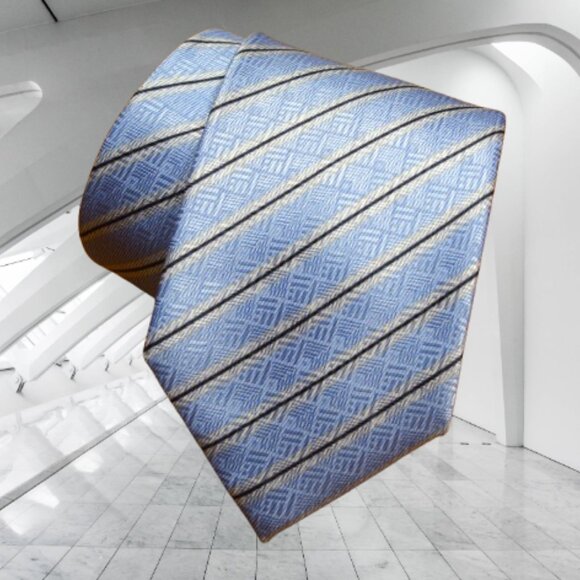 $450 Brioni Baby Blue White Regimental Geometric Silk Tie Handmade in Italy - Picture 13 of 16